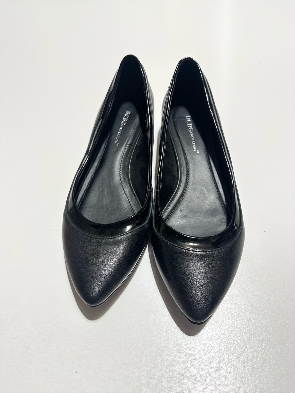 BCBGeneration Black Pointed Ballet Flats with Patent Trim